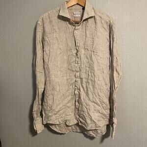 Spada Mens Shirt Size 17.5/44 Beige Linen Long Sleeve Button Up Puro Lino Modern